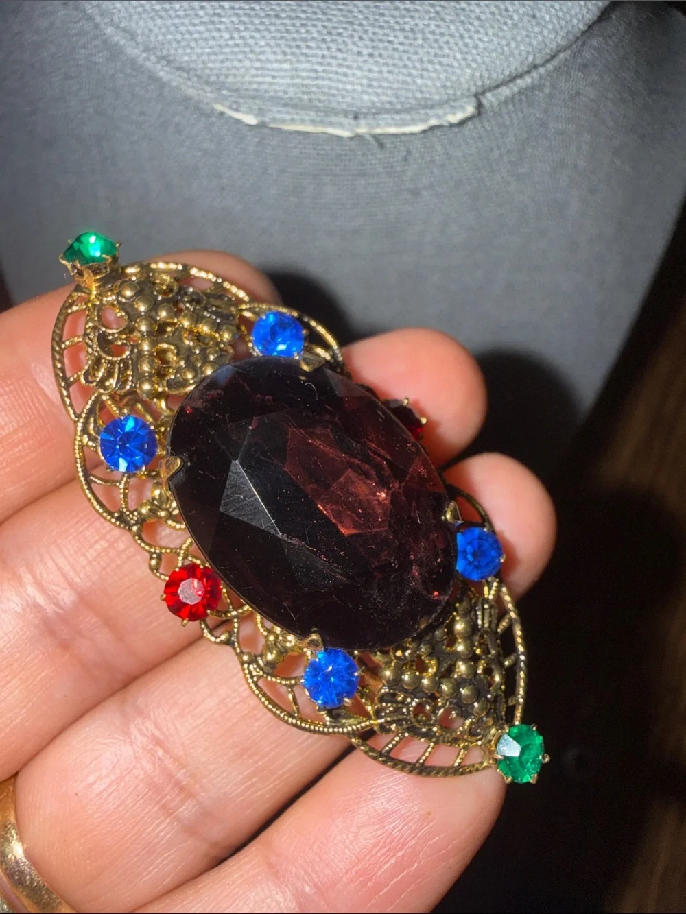 Vintage-Style Multicolor Gem Filigree Brooch - Unbranded